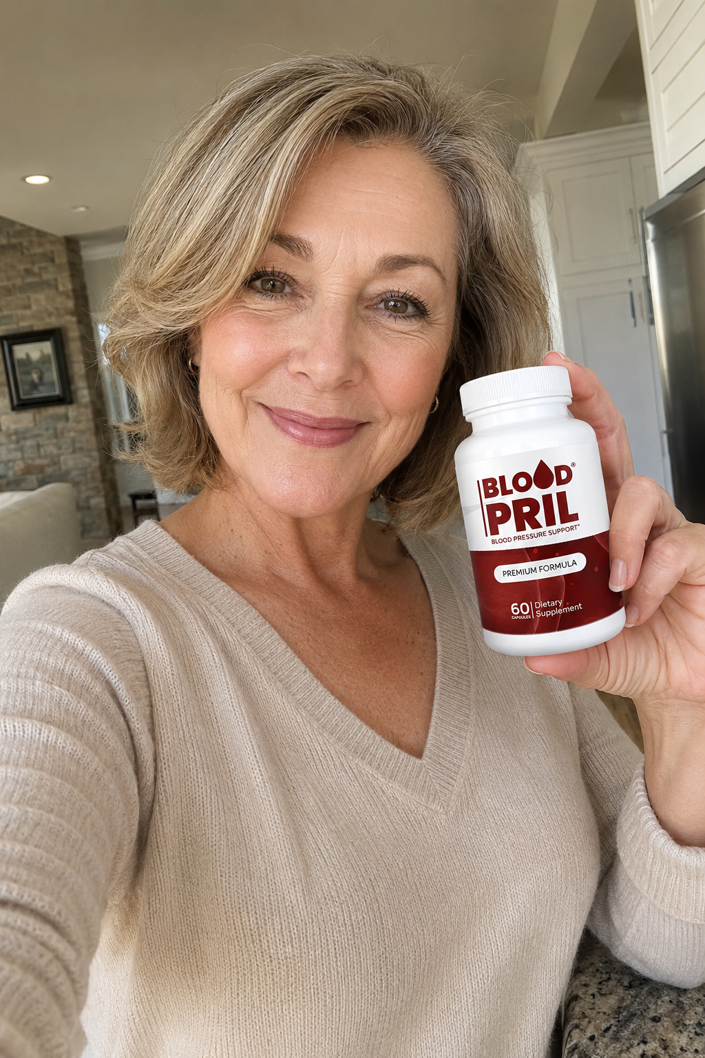 Woman holding a bottle of BloodPril